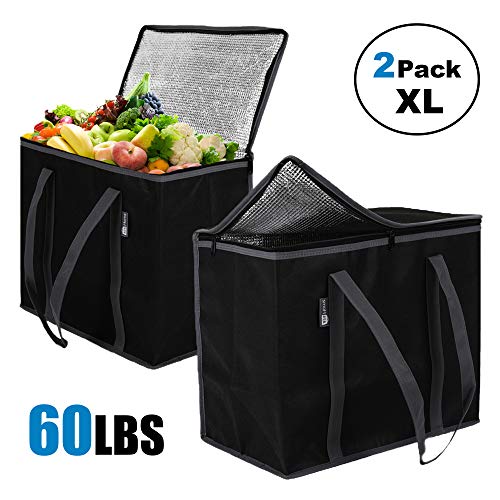 Product Cover ATS Homz 2 Pack XL Insulated Grocery Bag: Eco Friendly Heavy Duty Foldable Shopping Storage Zipper Tote Bag for Hot and Cold Reusable Shopping Catering, Frozen Food Transport Delivery, Travel, Picnic