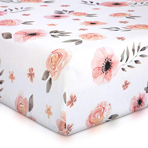 Product Cover Tyke Bliss Pink Floral Girl Crib Sheet - 100% Finely Combed Cotton, Breathable, Super Soft Watercolor Rose Baby Girl Crib Sheets, 52' x 28' x 9' Fits Standard Mattress