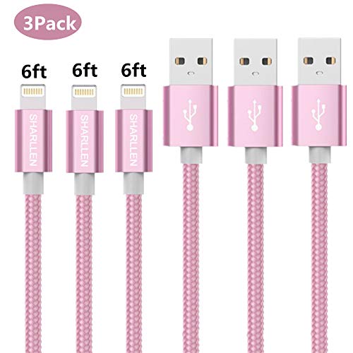 Product Cover iPhone Charger Lightning Cable MFI Certified 3Pack 6ft Nylon Braided Fast Long iPhone Charging Cord ＆ Cell-phone Charging Cord Compatible iPhone XR/MAX/XS/8/8P/6S/SE/iPod/iPad Pro And More (rose gold)
