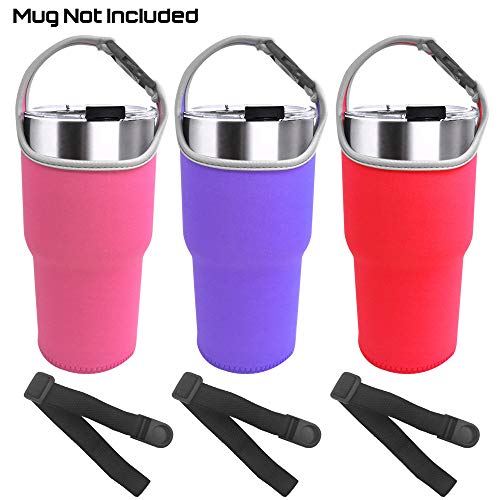 Product Cover 3 Pack Tumbler Carrier Holder Pouch for All 30oz Stainless Steel Travel Insulated Coffee Mug,Sonku Neoprene Sleeve with Carrying Handle,Fit for YETI Rambler Ozark Trail Rtic and More-Red,Rosey,Purple