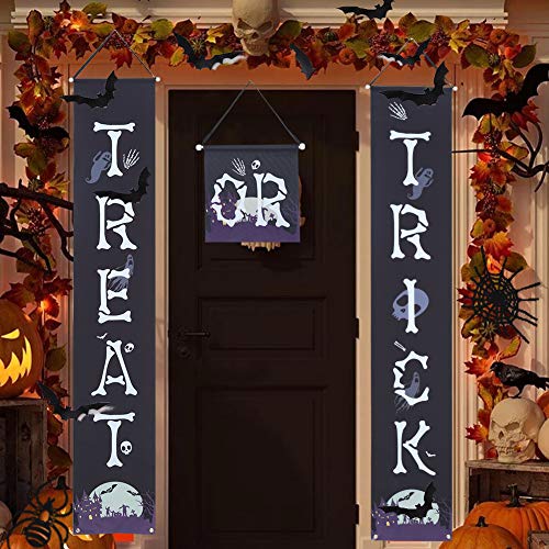 Product Cover Angela&Alex 3 Pcs Halloween Outdoor Decorations, Trick Or Treat Banner Halloween Hanging Banner Indoor Outdoor Signs for Front Door Home Office Porch Halloween Party Decor(Halloween Welcome Signs)