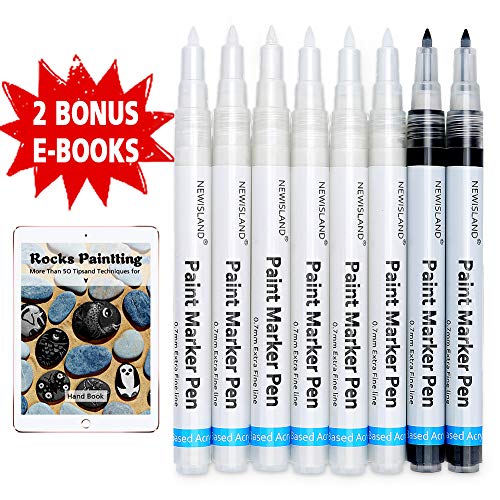 Product Cover White Acrylic Paint Pens with Free E-Books, Newisland Quick-drying Permanent Markers Water Based with 0.7 mm Fine Point for Rock, Wood, Metal, Glass, Ceramics, Plastic, Cloth (6 White & 2 Free Black)