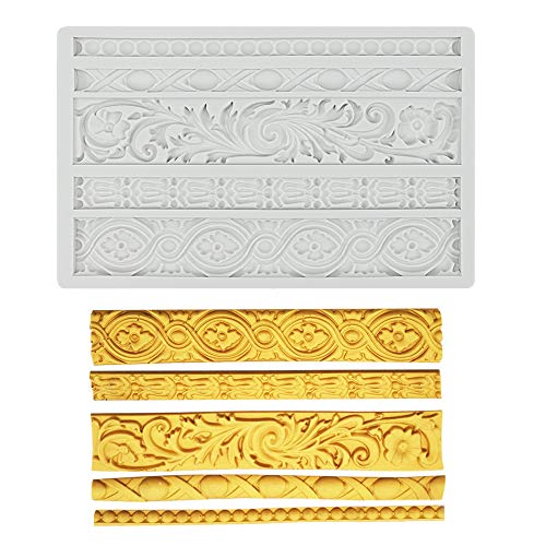 Product Cover Palksky DIY Baroque Scroll Relief Cake Border Silicone Mold/Vintage Curlicues Fondant Molds Flower Frame Edible Lace Mould Mat for Birthday Candy Chocolate Sugarcraft Gum Paste Decorating Tool
