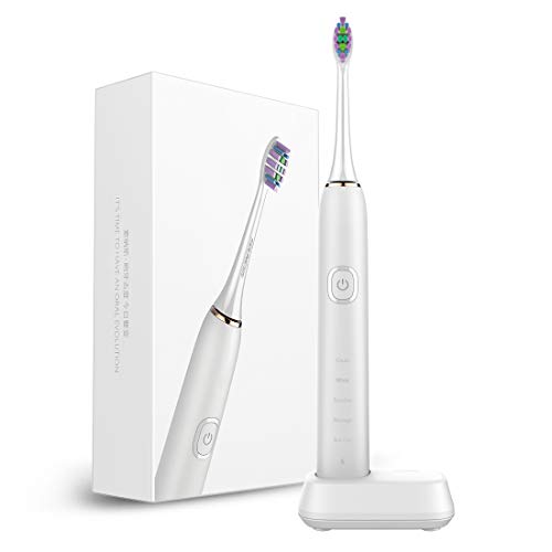 Product Cover Electric Toothbrush - USB Rechargeable Sonic Toothbrush with Smart Timer - Deep Clean, 2 Replacement Heads, 5 Brushing Modes (Clean, White, Sensitive, Massage, Gum Care) for Home and Travel - White