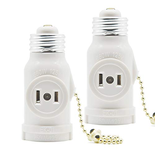 Product Cover 2 Outlet Light Socket Adapter,E26 Bulb Socket to Outlet Splitter,Converts Medium Screw Socket into a Socket with Two outlets,Polarized Outlet,With Pull Chain Switch. UL Listed, White (2-Pack)