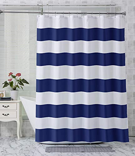 Product Cover AmazerBath Fabric Shower Curtain, Navy Stripe Polyester Fabric Shower Curtains with 2 Heavy Duty Clear Stones, Decorative Curtains for Bathroom Hotel Quality, 72 X 72 Inches