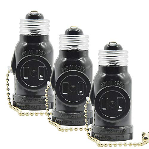 Product Cover 2 Outlet Light Socket Adapter,E26 Bulb Socket to Outlet Splitter,Converts Medium Screw Socket into a Socket with Two outlets,Polarized Outlet,With Pull Chain Switch. UL Listed, Black (3-Pack)