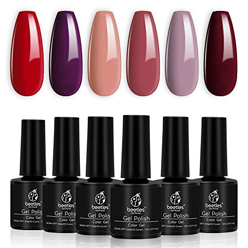 Product Cover Beetles Burgundy Red Gel Nail Polish Kit - 6 Bottles Pink Nude Sangria Fall Glamour Nail Gel Polish Soak Off UV LED Curing for Manicure Pedicure Holiday Gift Box