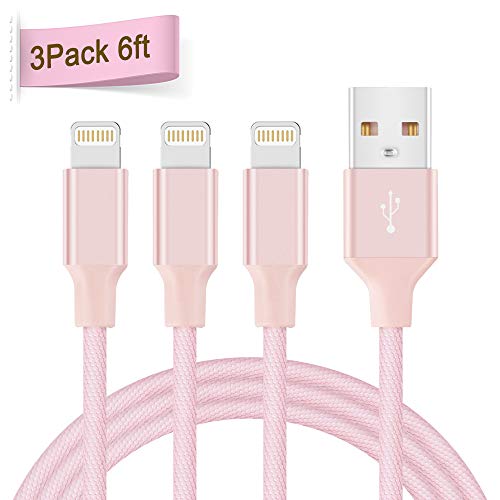 Product Cover Lightning Cable, Quntis 3 Pack 6FT iPhone Cable Nylon Braided USB Charger Cord Compatible with iPhone Xs Max XS XR X 8 Plus 7 Plus 6S Plus 6 Plus 5 5S 5C iPod iPad Pro and More, Pink