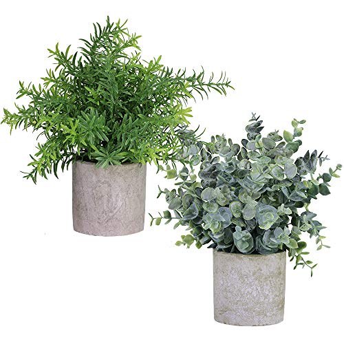 Product Cover Winlyn 2 Pack Artificial Potted Plants Faux Eucalyptus & Rosemary Greenery in Pots Small Houseplants 8.3