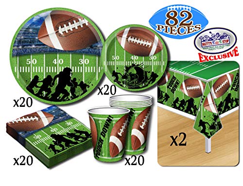 Product Cover Deluxe Football Theme Party Supplies Pack for 20 People, Includes 20 Large Plates, 20 Small Plates, 20 Napkins, 20 Cups & 2 Table Covers - Perfect for Gameday or Birthday (82 Pieces Total)