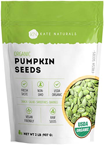 Product Cover Organic Pumpkin Seeds Raw by Kate Naturals. Perfect for Snack, Salads & Smoothies. Unsalted. Premium Pepitas. USDA Organic and NON-GMO. Large Resealable Bag. 1-Year Guarantee. ((32 oz))