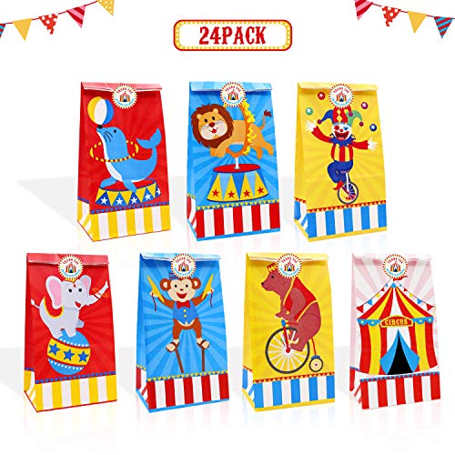 Product Cover 24 Pack Circus Party Candy Favor Bags with Thank You Stickers, Carnival Goody Gift Treat Bags for Circus Happy Birthday Baby Shower Decoration, Greatest Showman Themed Party Supplies