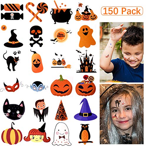 Product Cover Temporary Tattoos Kids, 150 Assorted Halloween Tattoo Waterproof Cute Designs Stick on Children Tattoos, Pumpkin Tattoos Stickers for Kids Children Party Favors,150Patterns