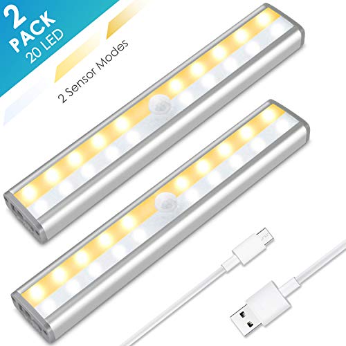 Product Cover Under Cabinet Lighting, MOICO 3 Color Modes 20 LED Wireless Motion Sensor Closet Lights Rechargeable Magnetic Stick On Lights Bar for Counter, Wardrobe, Kitchen, Hallway, Stairs, 2 Pack