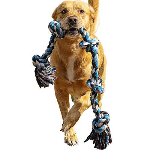 Product Cover Dog Rope Toy for Aggressive Chewers - Medium to Large Breed Dogs | Extra-Large Tug of War Toy for Bonding with your Best Friend | 100% Cotton Chewing Rope - 36 Inches Long | Washable Blue| Bonus eBook