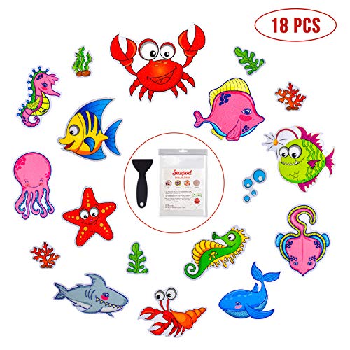 Product Cover Non Slip Bathtub Stickers, 18 PCS Sea Adhesive Kids Anti Slip Decal Threads for Shower and Bath Tub with Premium Scraper