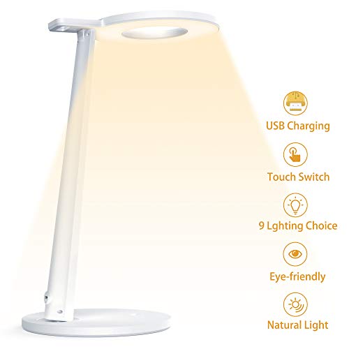 Product Cover Dimmable LED Desk Lamp, Tesecu Eye-Caring Table Lamp with USB Charging Port, Touch Control with Adjustable Brightness and 3 Color Modes for Study and Office, White