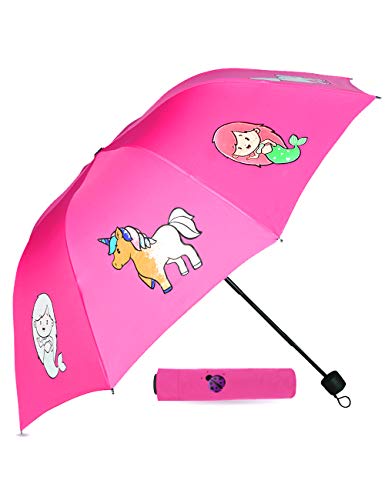 Product Cover Pink Color Changing Kids Umbrella for Girls! This Cute Toddler Umbrella Displays Colorful Mermaid & Unicorns When it Rains! Small Portable Compact Umbrella for School & Travel, Cool Gift Idea for Girl