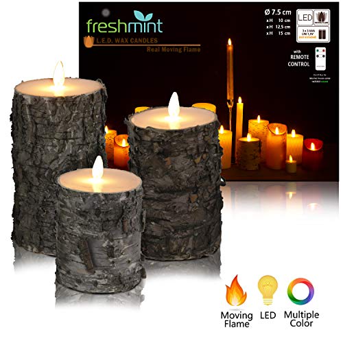Product Cover Christmas Flameless Candles Rustic Birch Bark Battery Operated with Remote, Real Moving Flame Decorative Electric LED Candle Sets Real Wax Flickering Pillar Candles Lights Bulk, 4