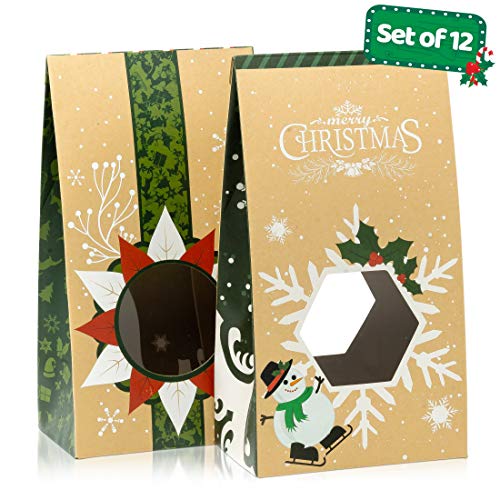 Product Cover Cookie Bags For Gift Giving - Set of 12 Christmas Treat Boxes - Food Bags For Gifts - 2 Unique Decorative Treat Bags - Easy Assemble Cookie Containers - Premium Candy Boxes Packaging
