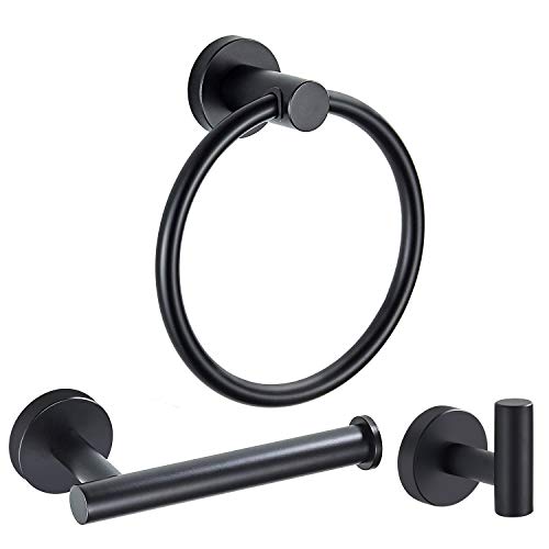 Product Cover MARMOLUX ACC Bathroom Hardware Accessories Set Matte Black 3-Piece Set Includes Hand Towel Ring, Robe Hook, Toilet Paper Holder Heavy Duty Stainless Steel Wall Mount Paper Towel Holder Hanger