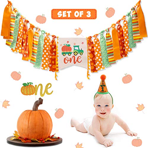 Product Cover Vansolinne Pumpkin Birthday Highchair Banner Fall Harvest 1st Birthday Party Decorations One Cake Topper Cone Hat Pumpkin Truck Bunting Garland Autumn Cake Smash Banner, 3 in 1