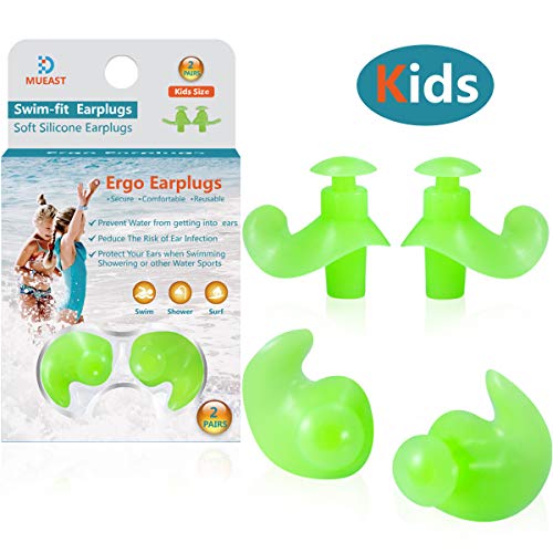 Product Cover Upgraded Swimming Ear Plugs for Kids 2 Pairs Waterproof Reusable Silicone Ear Plugs for Swimming Diving Children Molded Professional Soft Flexible Showering Surfing