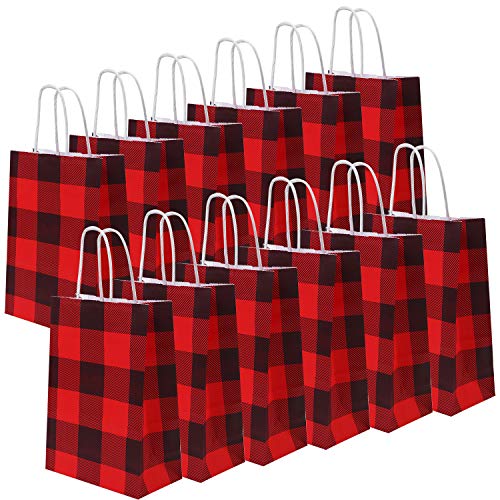 Product Cover Cooraby 20 Pieces Red and Black Plaid Paper Party Bags Christmas Gift Bag Birthday Kraft Party Bags with Handle for Wedding and Party Celebrations (Color A)