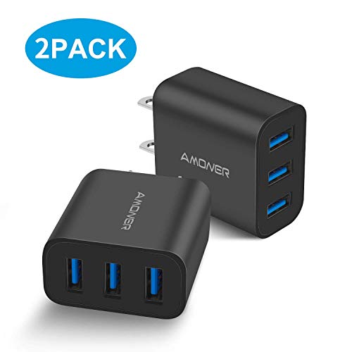 Product Cover Amoner Wall Charger, Upgraded 2Pack 15W 3-Port USB Plug Cube Portable Wall Charger Plug for iPhone Xs/XS Max/XR/X/8/7/6/Plus, iPad Pro/Air 2/Mini 2, Galaxy10/9/8/7, Note9/8, LG, Nexus and More
