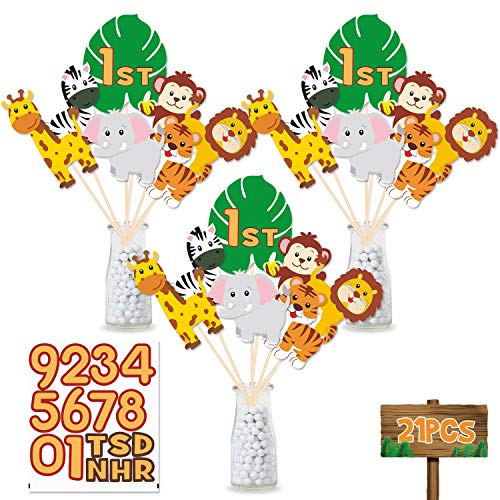 Product Cover Jungle Safari Birthday Party Centerpiece Sticks, DIY Jungle Animals Table Decorations Jungle Cutouts for Baby Shower, Birthday Photo Props Decorations Set of 21