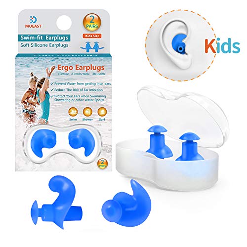 Product Cover Upgraded Swimming Ear Plugs for Kids, 2 Pairs Waterproof Reusable Silicone Ear Plugs for Swimming Diving Children Molded Professional Soft Flexible Showering Surfing and Other Water Sports - Blue