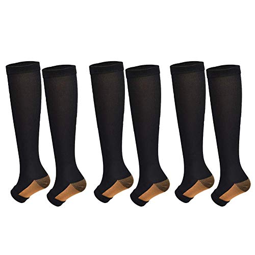 Product Cover Keypower 3Pairs Copper Open Toe Toeless Compression Socks(15-20mmHg) Nursing Running Athletic Edema Diabetic Varicose Veins Travel Pregnancy Maternity for Men and Women Knee High Stocking (L/XL)