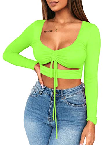 Product Cover Mizoci Women's Sexy Ruched Tie Up Crop Top Basic Long Sleeve Cut Out T Shirt