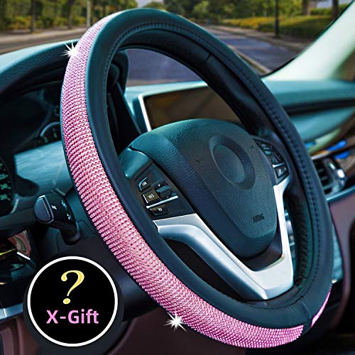 Product Cover Valleycomfy Diamond Crystal Steering Wheel Cover for Women Girls- Bling Bling Rhinestones Steering Wheel Cover with Universal Fit 15 Inch(Pink Diamond)