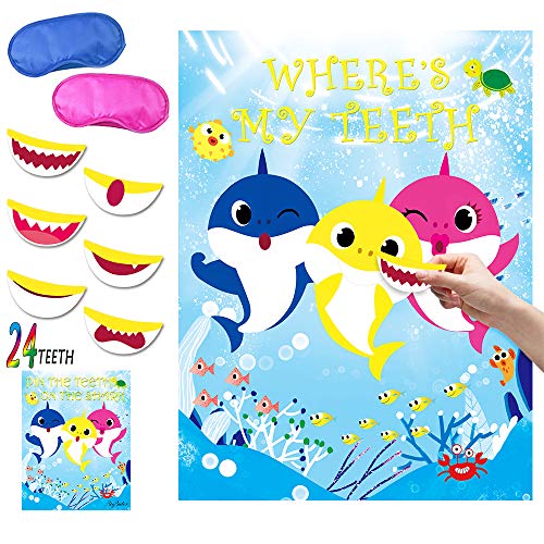 Product Cover Shark Party Game Pin the Teeth on Shark Party Favors Games for Kids Shark Theme Birthday Baby Shower Ocean Party Supplies -24 Teeth