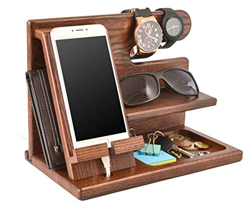 Product Cover Wood Phone Docking Station Ash Key Holder Wallet Stand Watch Organizer Men Gift Husband Wife Anniversary Dad Birthday Nightstand Purse Father Graduation Male Travel Idea Gadgets Solid