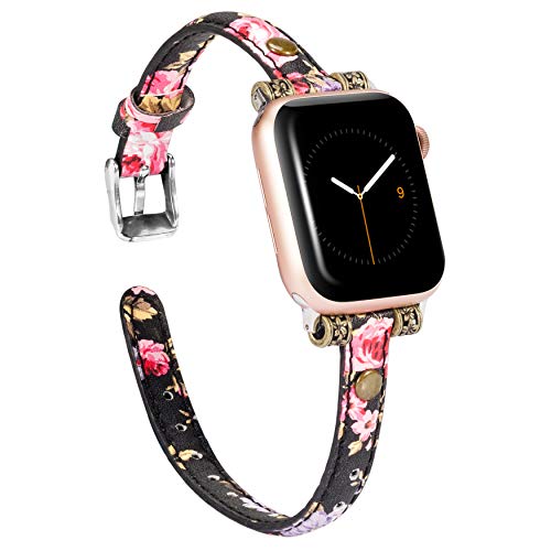 Product Cover Wearlizer Leather Bands Compatible with Apple Watch Band 38mm 40mm for iWatch Womens Mens Special Slim Vintage Wristband Replacement Strap Series 5 4 3 2 1 Edition - Flower
