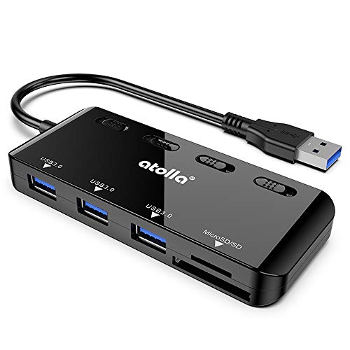 Product Cover USB Hub，atolla USB 3.0 Hub with 3 USB 3.0 Ports and SD/Micro SD Card Reader, Ultra Slim USB Splitter with Individual Power Switches and LEDs