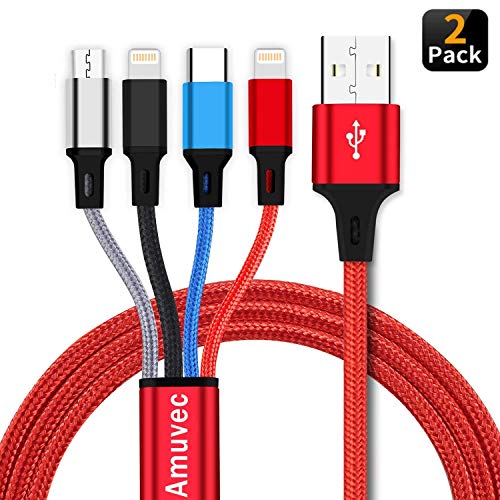 Product Cover Amuvec Multi USB Charging Cable 3A, 4 in1 Fast Charger Cord Connector with Dual Phone/Type C/Micro USB Port Adapter, Compatible with Tablets/Samsung Galaxy/Google Pixel/LG and More (4FT/2Pack)