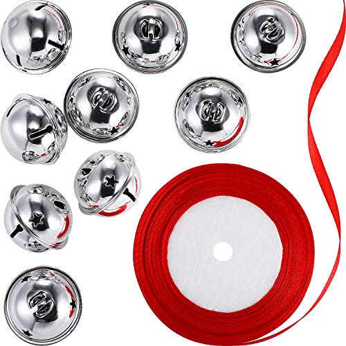 Product Cover 9 Pieces Star Cutouts Jingle Bells Christmas Craft Bells with Red Ribbon Roll for Christmas Decorations