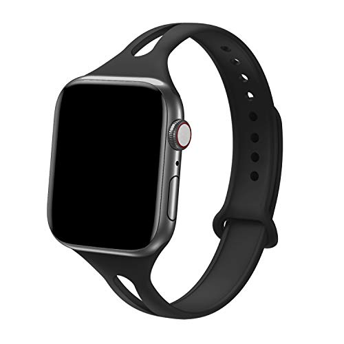 Product Cover Bandiction Sport Band Compatible with Apple Watch 38mm 40mm, Soft Silicone Sport Strap Narrow Bands for iWatch Series 4, Series 3, Series 2, Series 1, Sport Edition Women Men (Black)