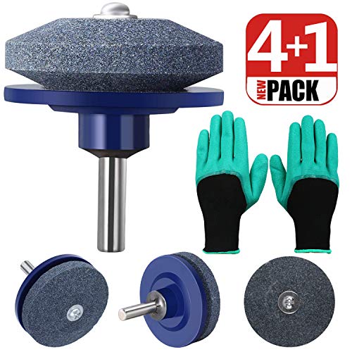 Product Cover Ewalite 4 PCS Lawn Mower Blade Sharpener Universal Multi-Sharp Rotary Lawnmower Sharpen for Power Drill Hand Drill with Garden Genie Gloves