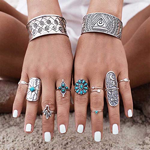 Product Cover Yean Boho Turquoise Rings Set Flower Joint Knuckle Rings Plain Ring Band for Women and Girls