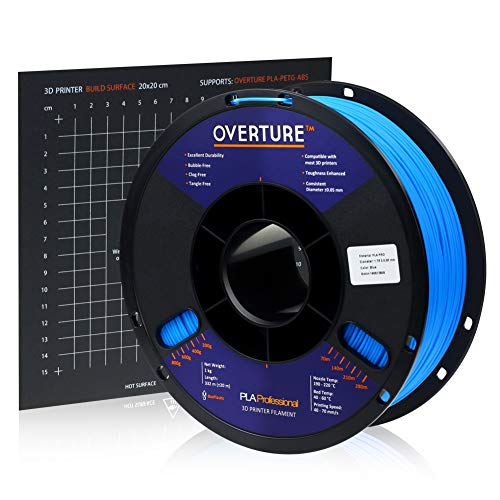 Product Cover Overture PLA Plus (PLA+) Filament 1.75mm PLA Professional Toughness Enhanced PLA Roll with 3D Build Surface 200 × 200mm, Premium PLA 1kg Spool (2.2lbs), Dimensional Accuracy +/- 0.05 mm (Blue)