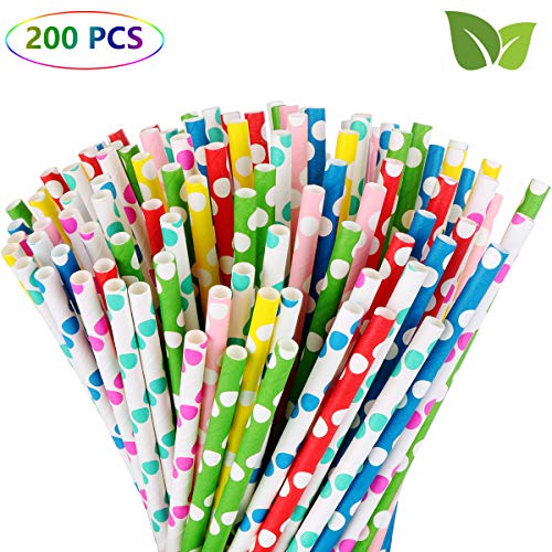 Product Cover 200 Pack 7.8 Inches Biodegradable 100% Paper Straws, 8 Colors Wave Point Disposable Paper Drinking Straws for Milkshakes, Smoothies, Juice and Party Must