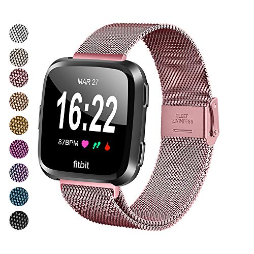 Product Cover MEFEO Compatible with Fitbit Versa Bands, Stainless Steel Metal Band Mesh Bracelet with Strong Magnet Lock Wristbands for Fitbit Versa/Versa 2/Versa Lite/SE (Rose Gold, Large)