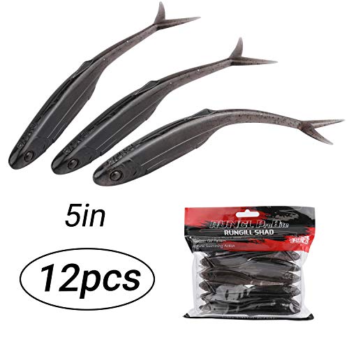 Product Cover RUNCL ProBite Soft Jerkbaits Split Tail Midnight Black, Soft Fishing Lures, Shad Baits (5in, Pack of 12)