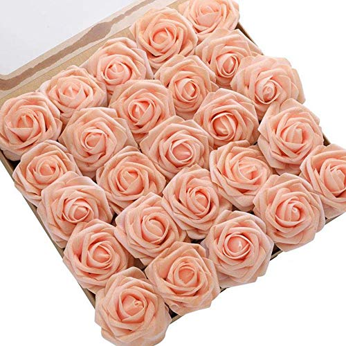 Product Cover DerBlue 60pcs Artificial Roses Flowers Real Looking Fake Roses Artificial Foam Roses Decoration DIY for Wedding Bouquets Centerpieces,Arrangements Party Home Decorations (Shimmer Blush)