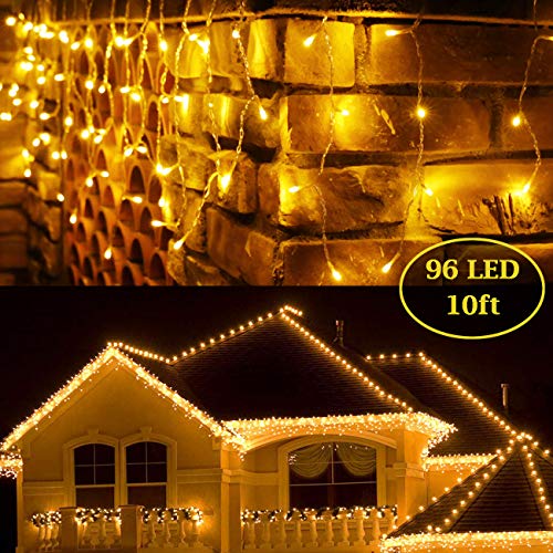 Product Cover BaiYunPOY 10 Ft 96 Led Icicle Lights, Christmas Lights Plug in Outdoor Fairy String Lights with 16.6 FT Power Lead for Bedroom Indoor and Holiday Icicle Lights